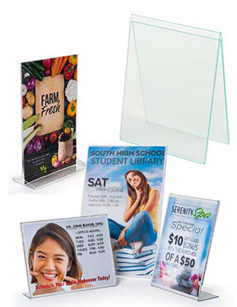 Countertop sign holders display promotional material for customers