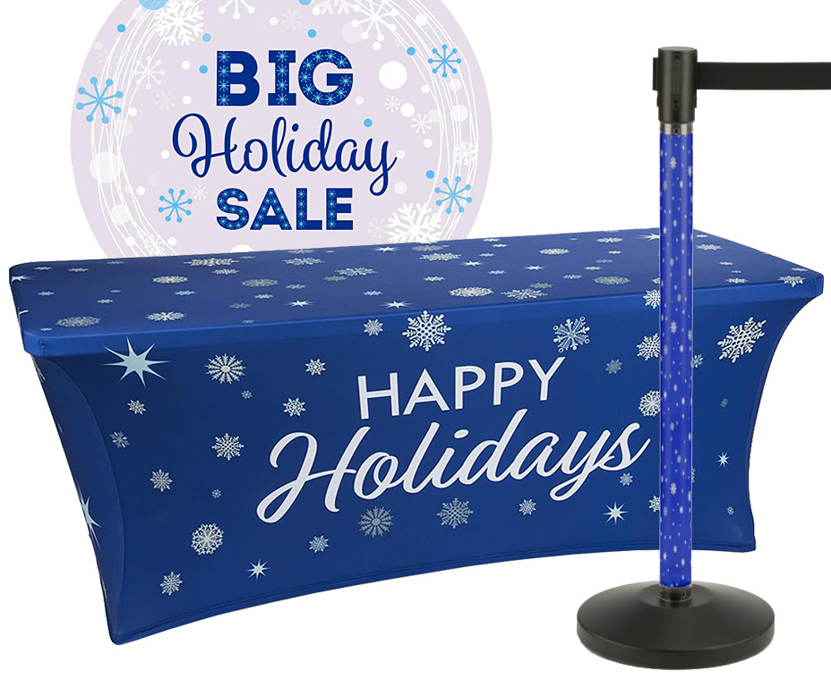 blue holiday themed marketing displays