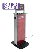 Phone charging station kiosk with custom graphics for complementary charging