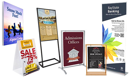 Dispensary floor stands, sidewalk signs, and banner displays with custom-printed graphics