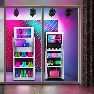 Upscale merchandising floor display with color-enhancing LEDs