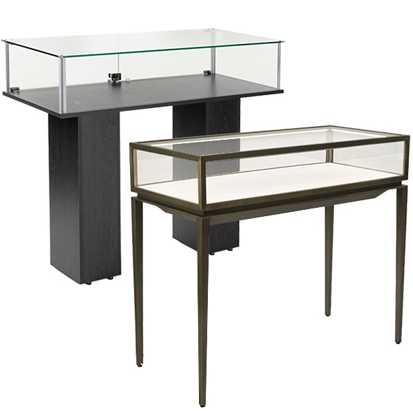 Museum-quality dispensary tables with glass enclosures