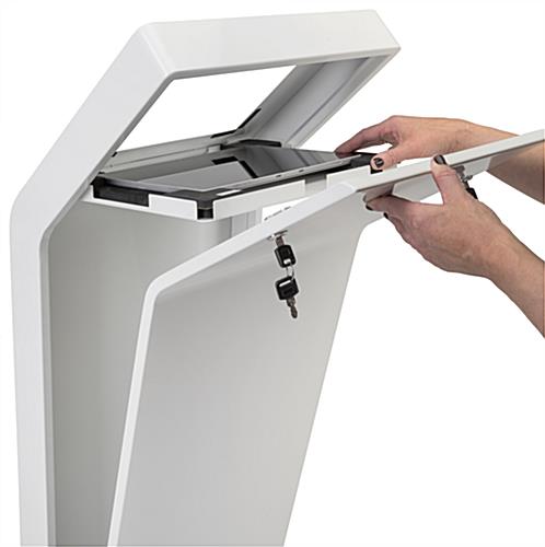 White iPad floor stand kiosk with hinged internal tray for device access