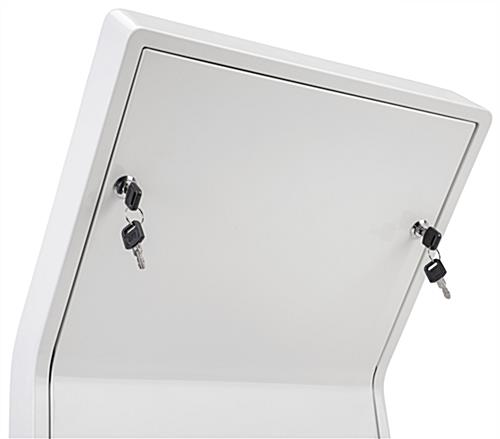 White iPad floor stand kiosk with locking back panel