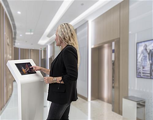 White iPad floor stand kiosk for guest check-in, wayfinding, or product information