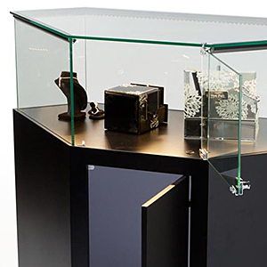 Closeup of a jewelry display case showing rear access doors