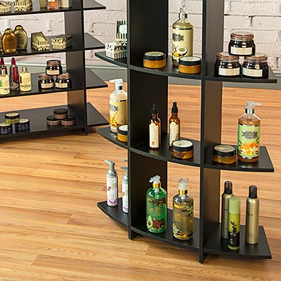 Retail shelf units inside a beauty salon