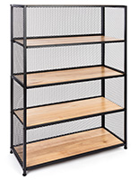 Metal mesh wood bookcase shelving with solid oak and iron build