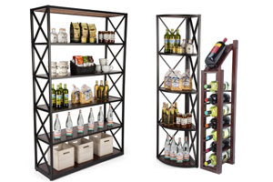 Wood and metal shelf fixtures for wine and liquor bottles